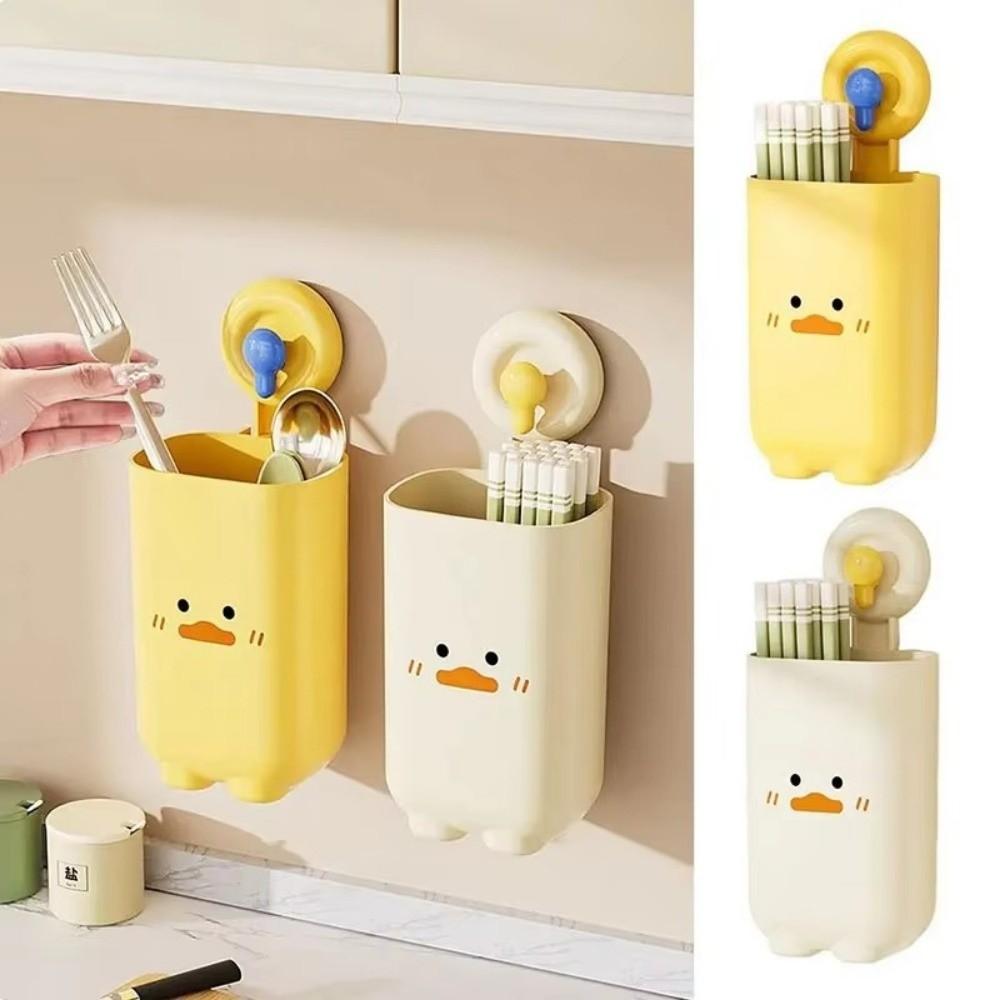 Household Suction Cup Chopstick Holder Cartoon Duck Wall-mounted Storage Rack Free Punch Drain Rack Tableware Organizer