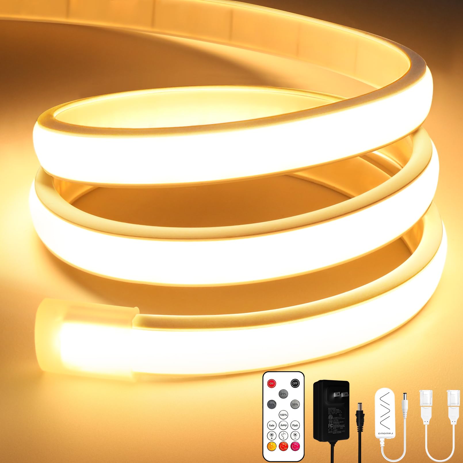 

Lamomo COB LED Strip Light, 5M, High Brightness, 3000K Dimmable, Warm White, Neon Rope Light with Remote Control, IP65 Waterproof, Silicone, Bendable