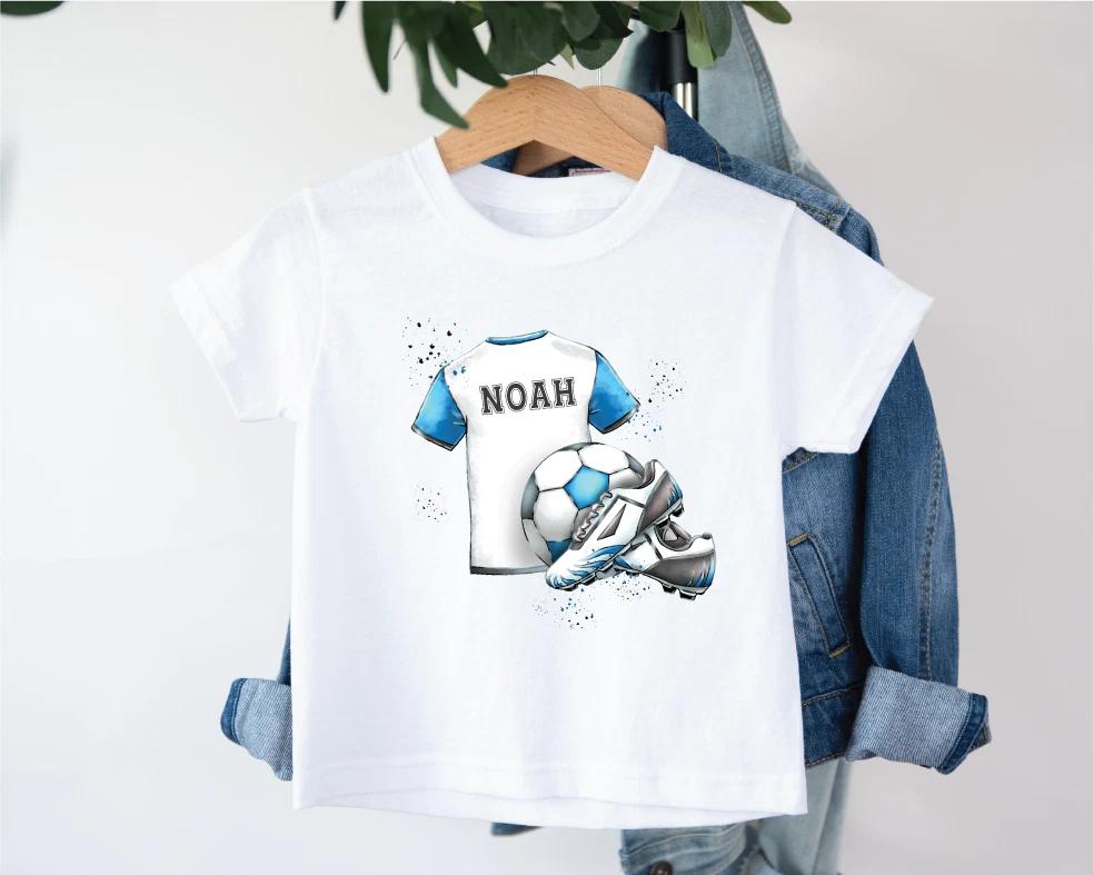 

Kids Personalised Football T-Shirt Boys Footie Top Boots Ball Team Game XL