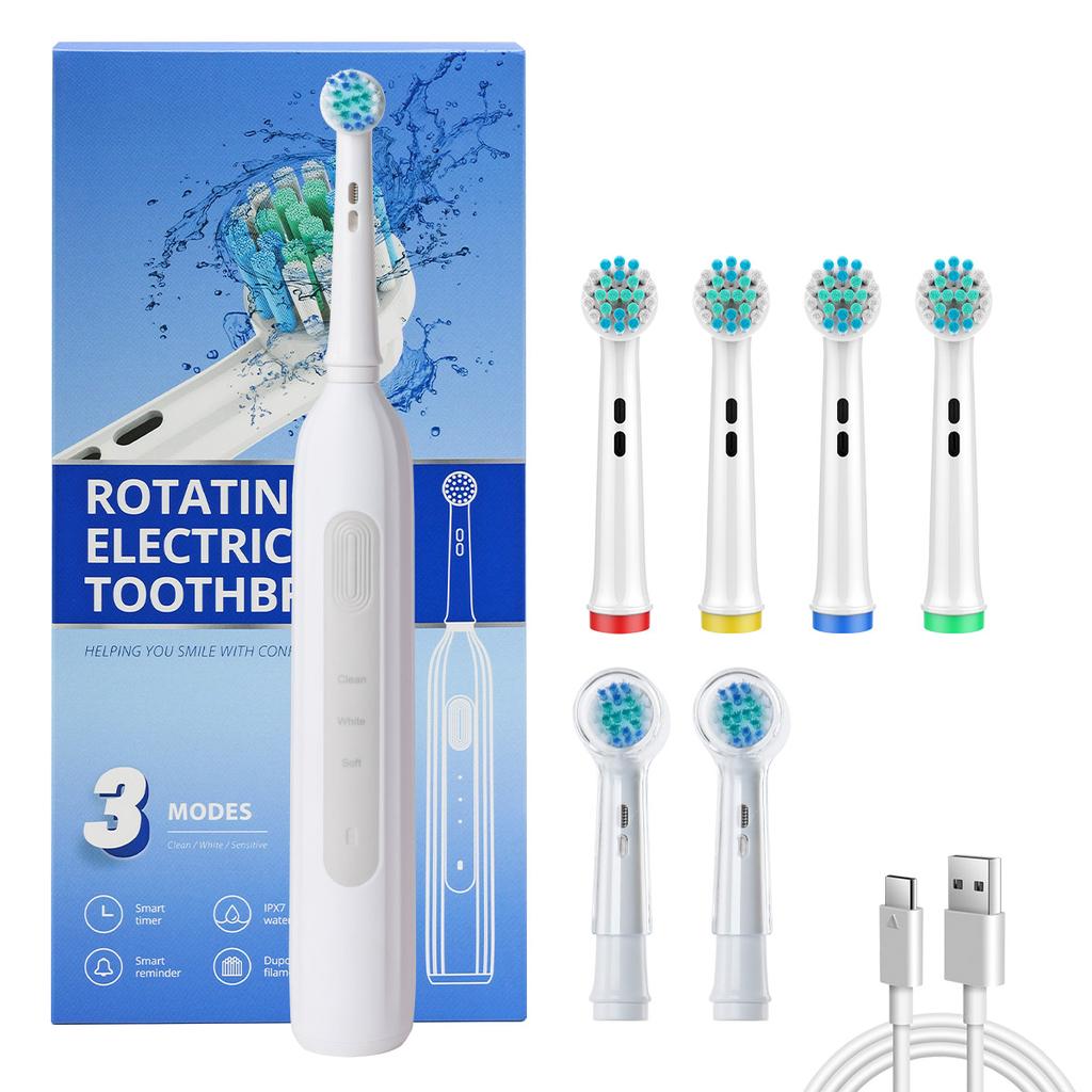 Rotating Electric Toothbrush Suitable for Adults, Equipped with 6 Brush Heads, Type-c Charging, 3-speed 2-minute Timed Zoning