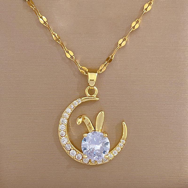 Titanium Steel Moon Rabbit Full Diamond Luxury Banquet Wedding Necklace Female Versatile Clavicle Chain Titanium Steel