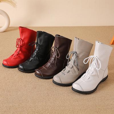 First Layer Cowhide Short Boots Women's Velvet Single Boots Season Soft-soled Martin Boots Shoes Non-slip Low Tube Rubber Solid Color