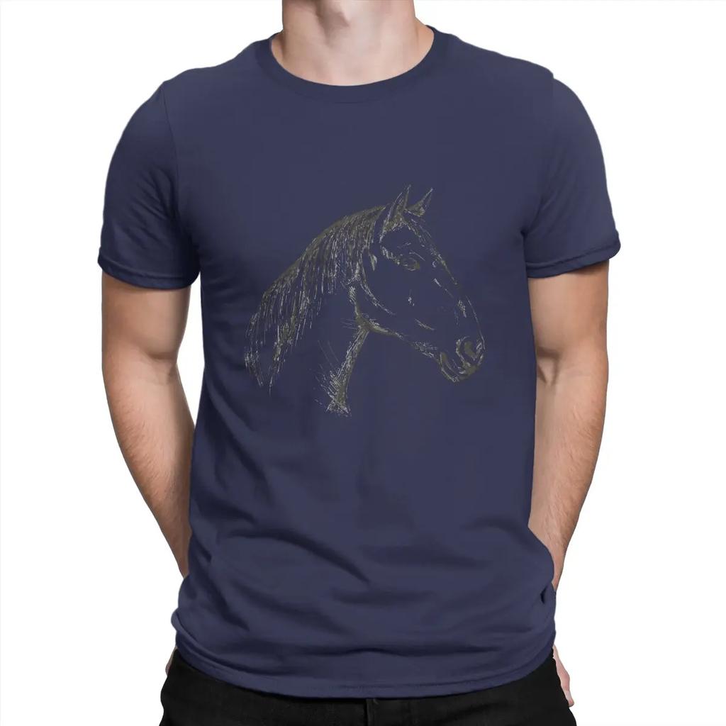 Men's T-Shirts Hand Drawn Cool 100% Cotton Tee Shirt Short Sleeve Horses Simplicitys T Shirts Crew Neck Tops Printing