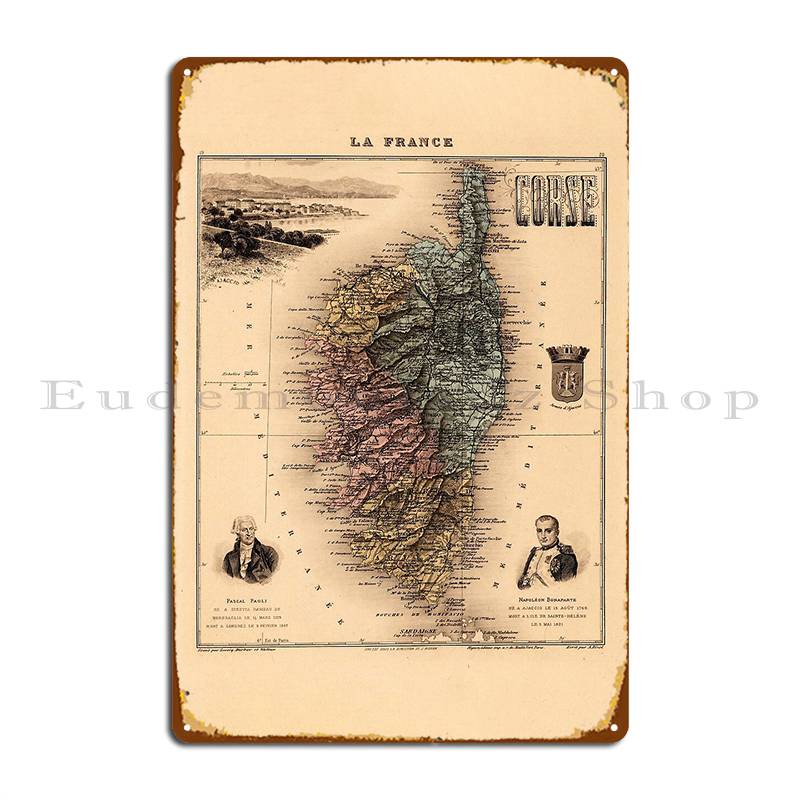 Mappa della Corsica 1865 Targhetta Metallica Poster Decorazione Murale Garage Parete Grotta Soggiorno Design Cartello in Latta Poster