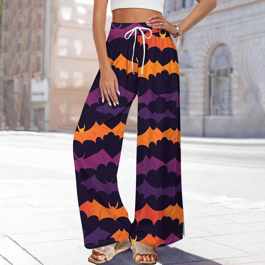 Women's Printed Wide Leg Pants With Pockets High Waist Drawstring Loose Casual Pants