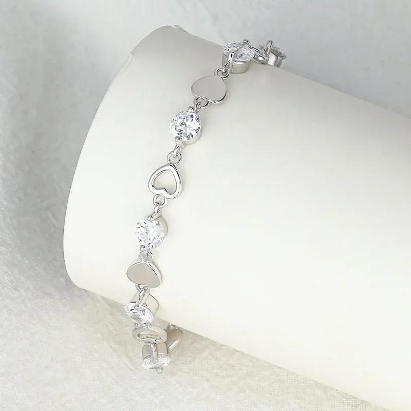 Luxury  Sterling Silver Heart Zircon Bracelet for Women Korean  Sweet Cool Hollow Heart Bracelets Party Jewelry Gifts