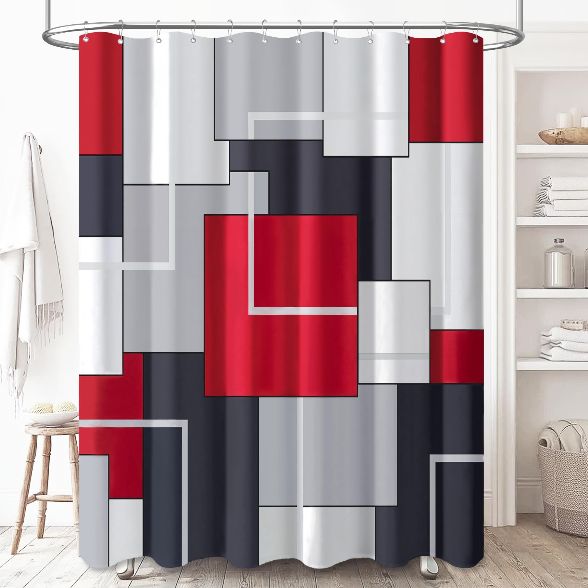 

Geometric Shower Curtain Mid Century Vintage Geometric Bathroom Curtain With Hooks Waterproof Polyester Fabric Shower Curtain W60H190(CM)-1 Pcs