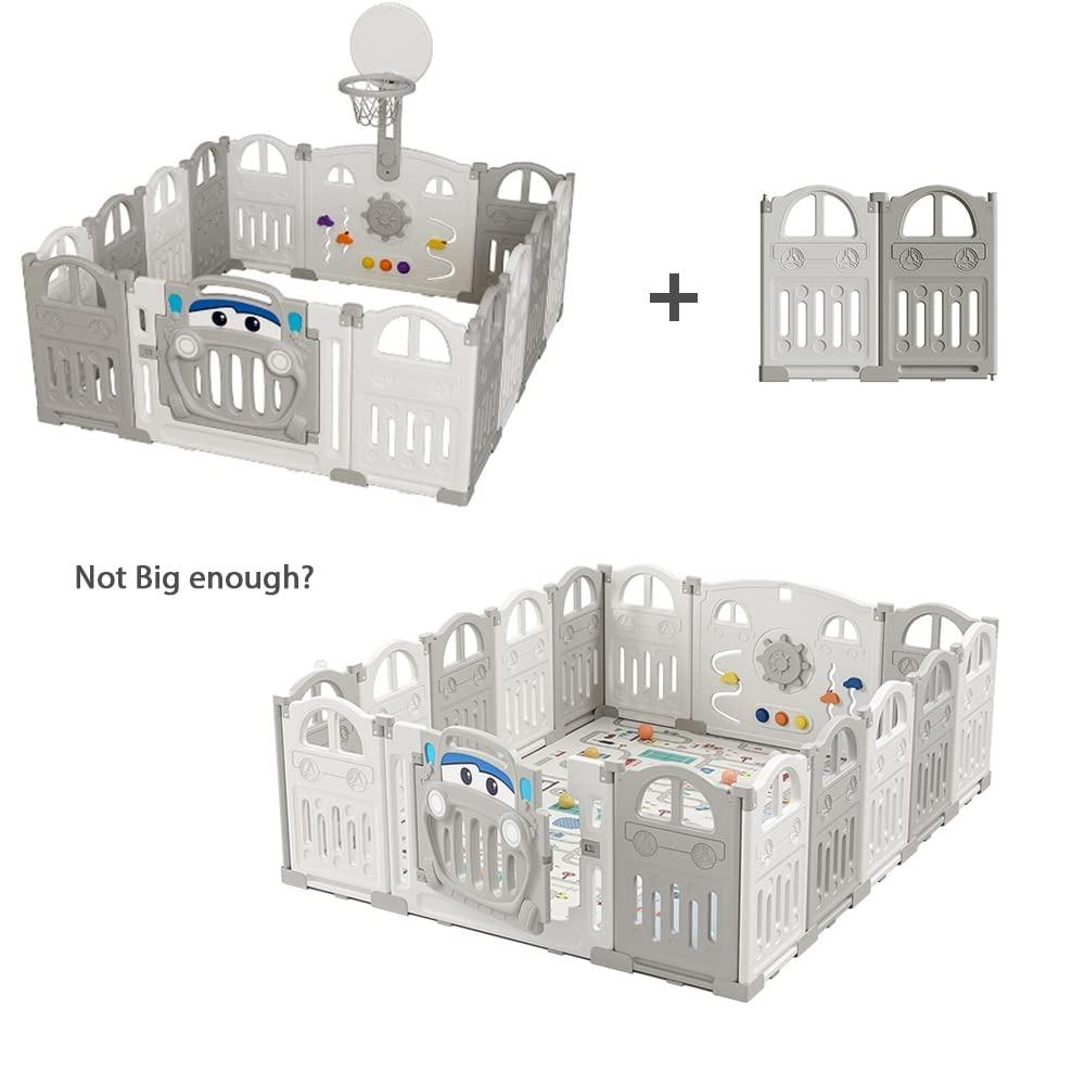 UBRAVOO Foldable Playpen with Mini Basketball Hoop and 50 Colorful Ball Pit, Baby and Toddler Car Playpen, Fun Indoor Activity Center
