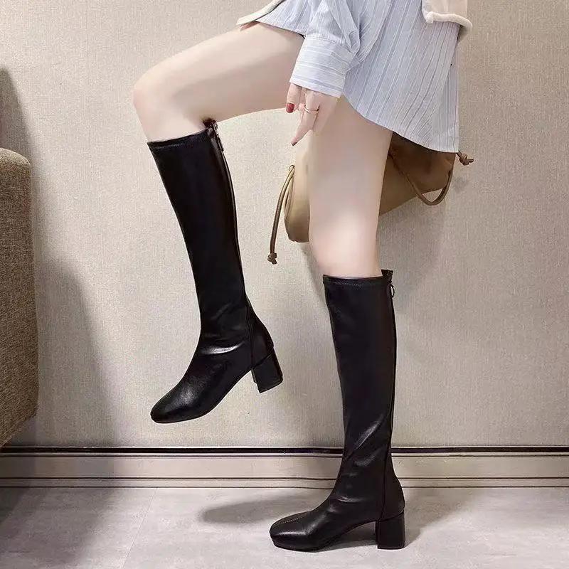 Fashion Square Toe Women's Long Boots Quality Leather Pu New Rock Spring 2024 Ladies Knee High Shaft Shoes on Promotion Demi-season Work