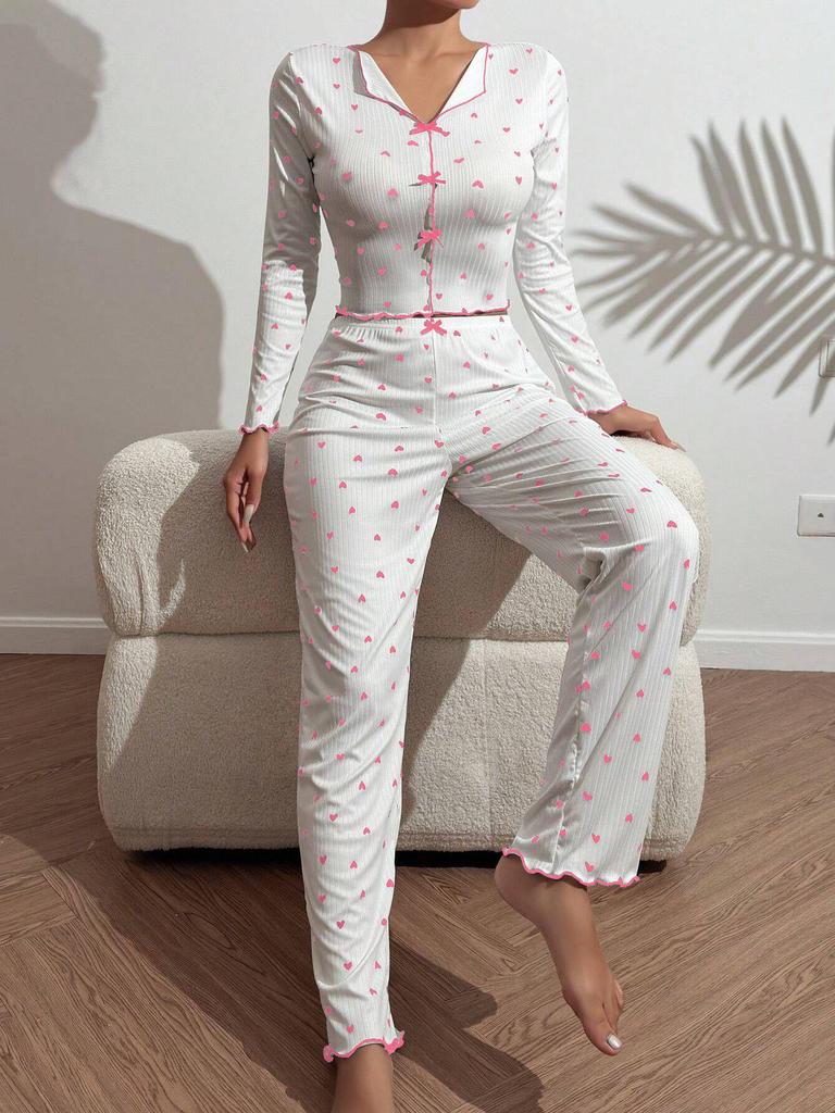 Heart Print Jacquard Long-Sleeve Pajama Set for Women