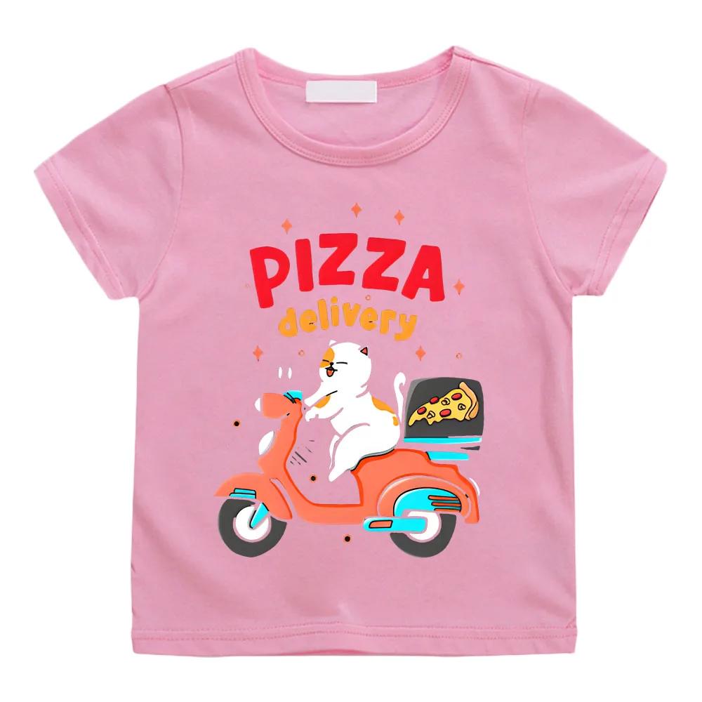 Kids Cotton T-shirt Fun Pizza Delivery Cartoon Print Pattern Baby Clothes Boy Girl Children Tee-shirt Funny Short Sleeve Tees Tops