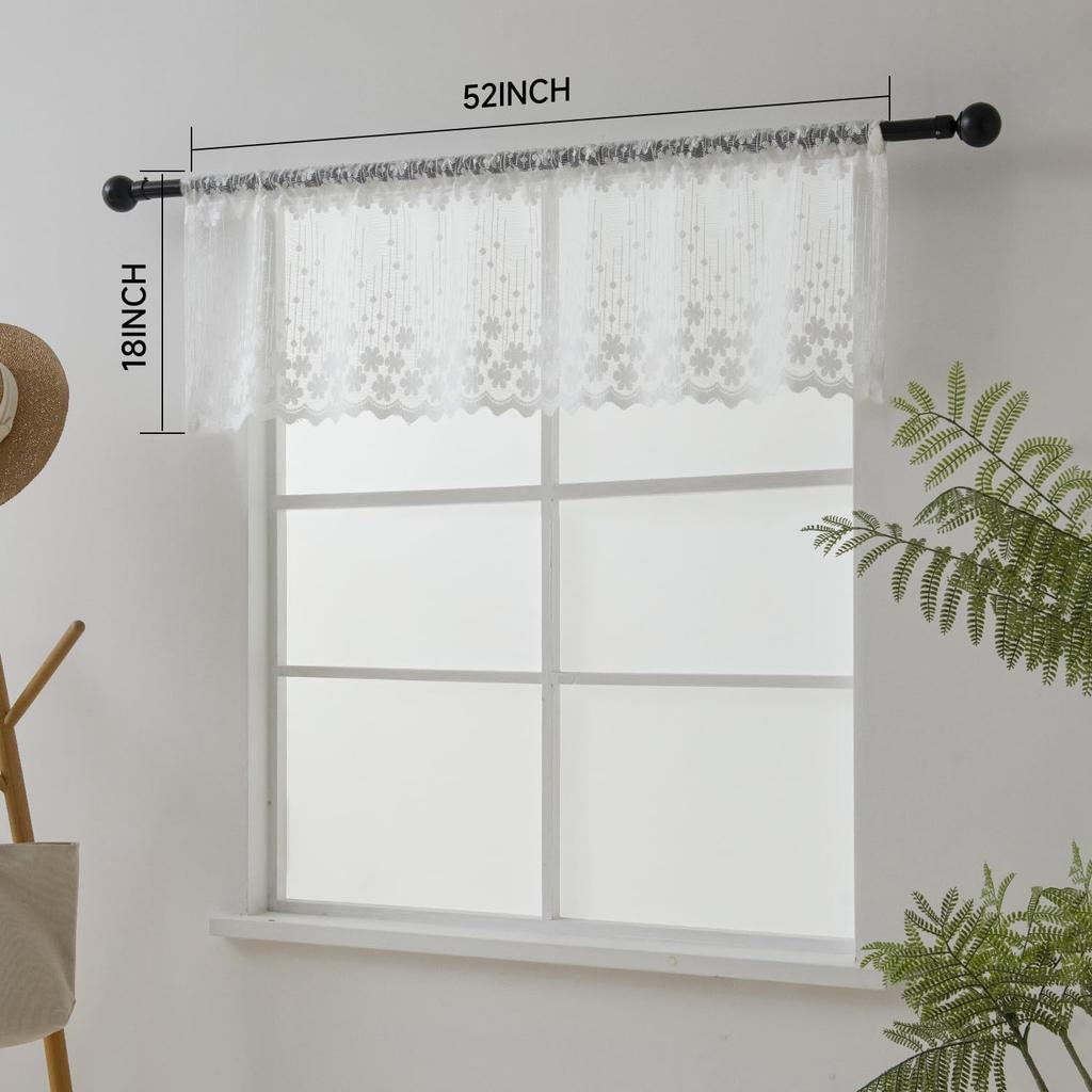Half Window Sheer Curta Rod Pocket, Floral Cascade Lace Window Curtain Valance for Kitchen, Living Room and Bedroom, 50 X 13 Inches
