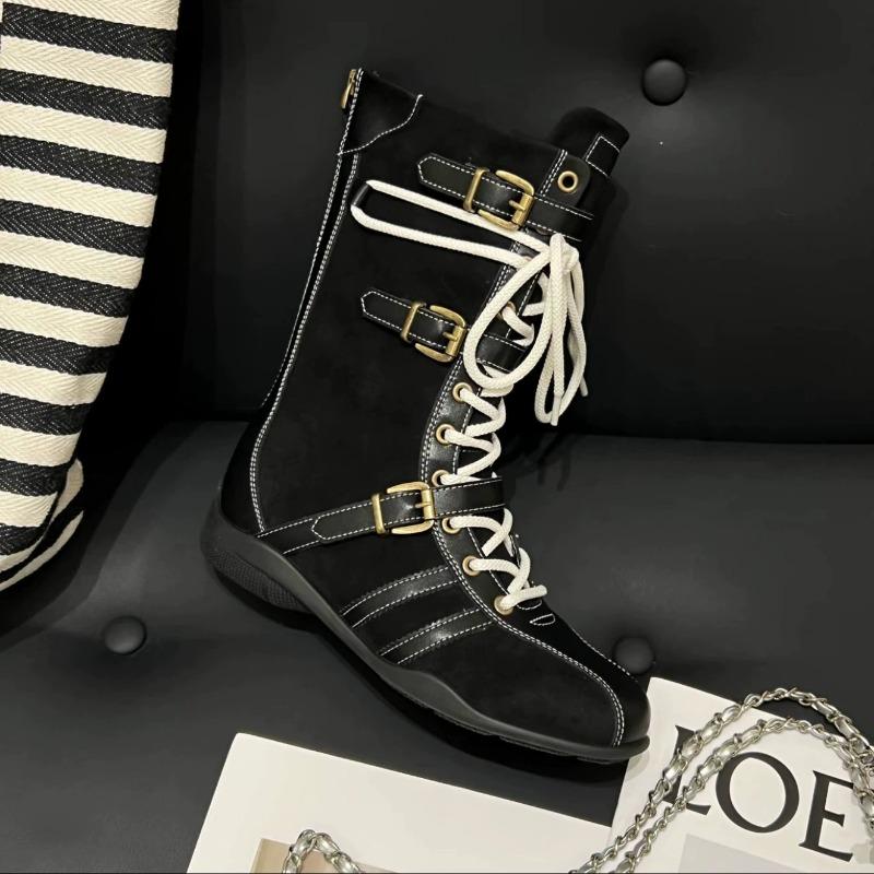 Cowhide Version~ 5cm Inner Height Increase Thick-soled Boxing Boots Female Duck Hunting Boots Belt Buckle Design Martin Boots Short Boots