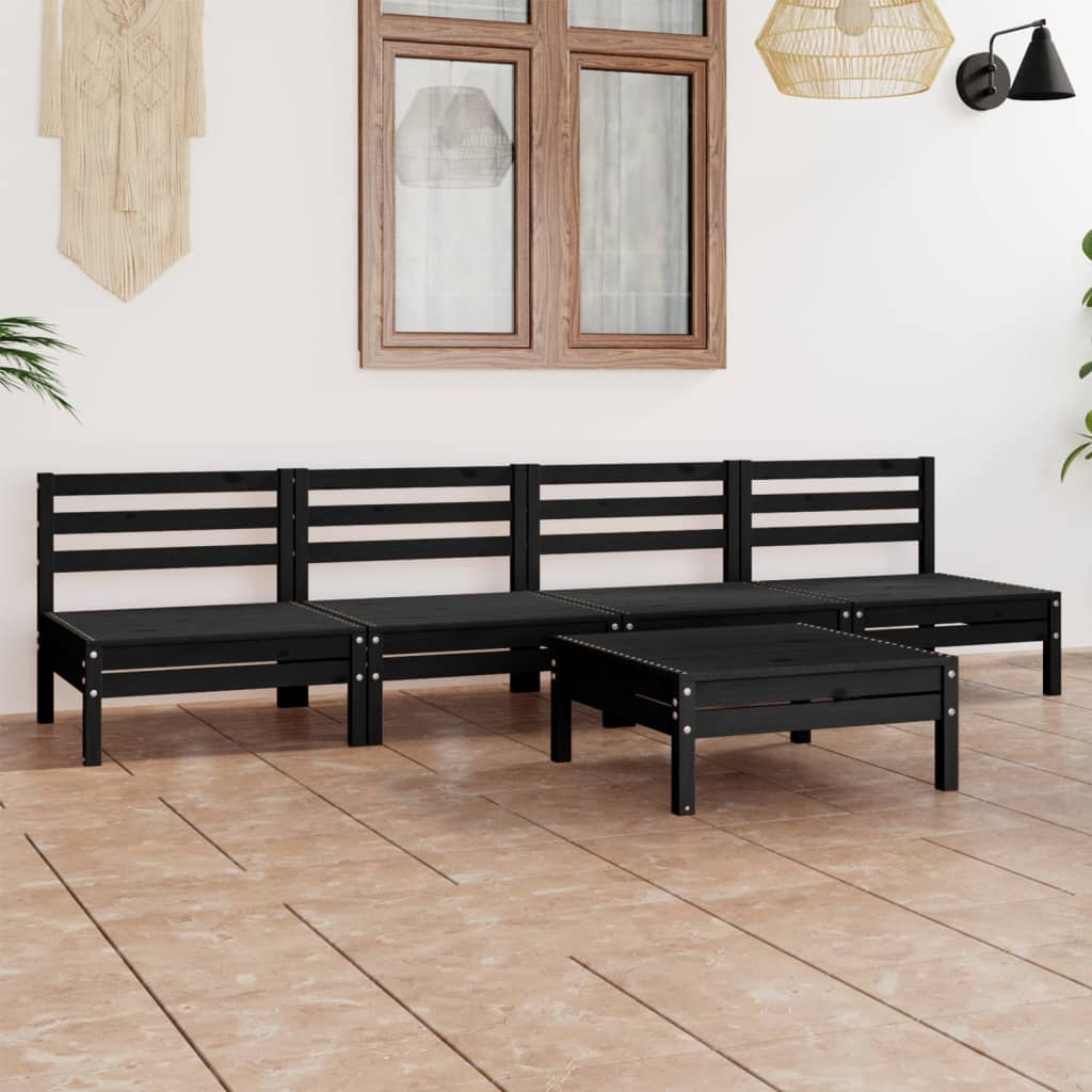 5 Piece Garden Lounge Set Black Solid Pine Wood