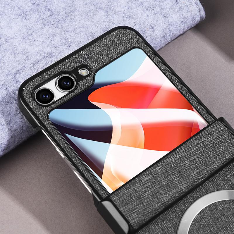 For Samsung Galaxy Z Flip6 5G Case Leather+PC Phone Cover with Rear Screen Film and Hinge