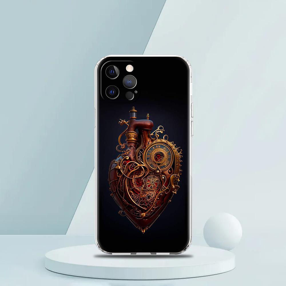 Mechanical Heart Phone Case for iPhone 16 15 14 13 12 Pro Max Transparent Soft for iPhone 11 Pro Max 7 8 Plus XS XR Shell