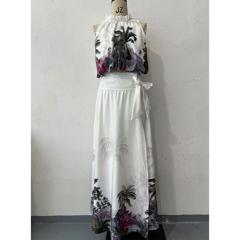 

New European and American Solid Gyaru Hanging Neck Positioning Flower Top Skirt sets Image color XXL