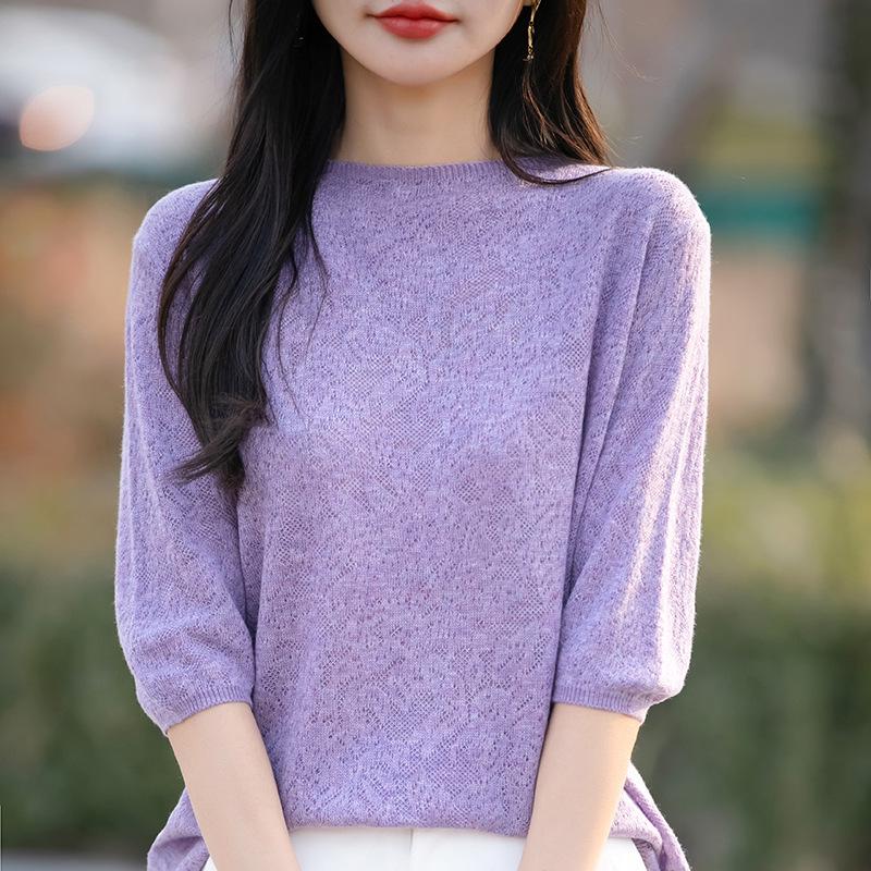 Spring 2026 Women's Merino Wool Hollow Knit Short Sleeve Top