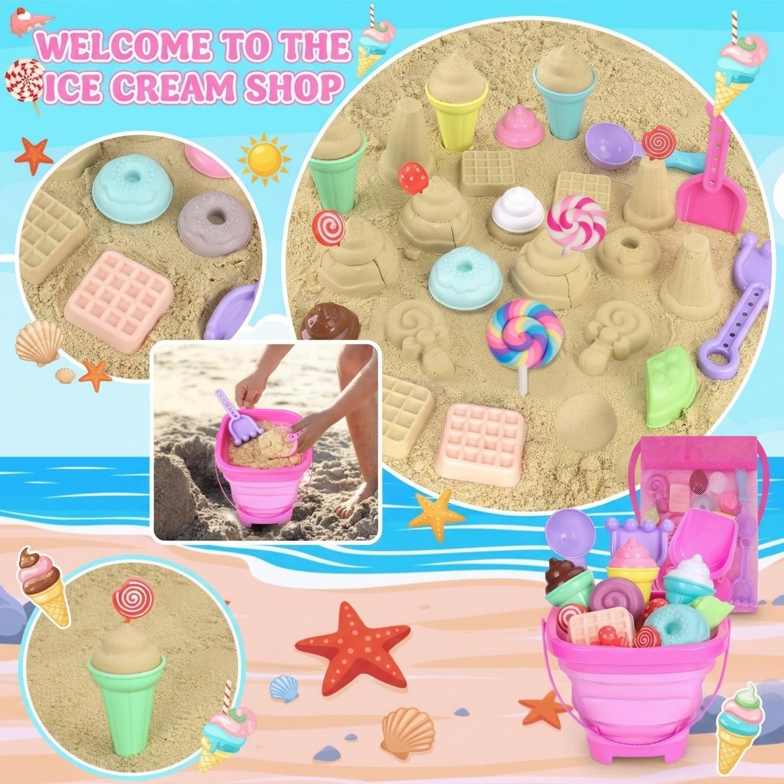 

Foldable Beach Toy Set, Including Foldable Sand Bucket, Shovel, Net Bag And Sand Mold, Ice Cream-shaped Travel Beach Toy.16pcs One Size рожевий