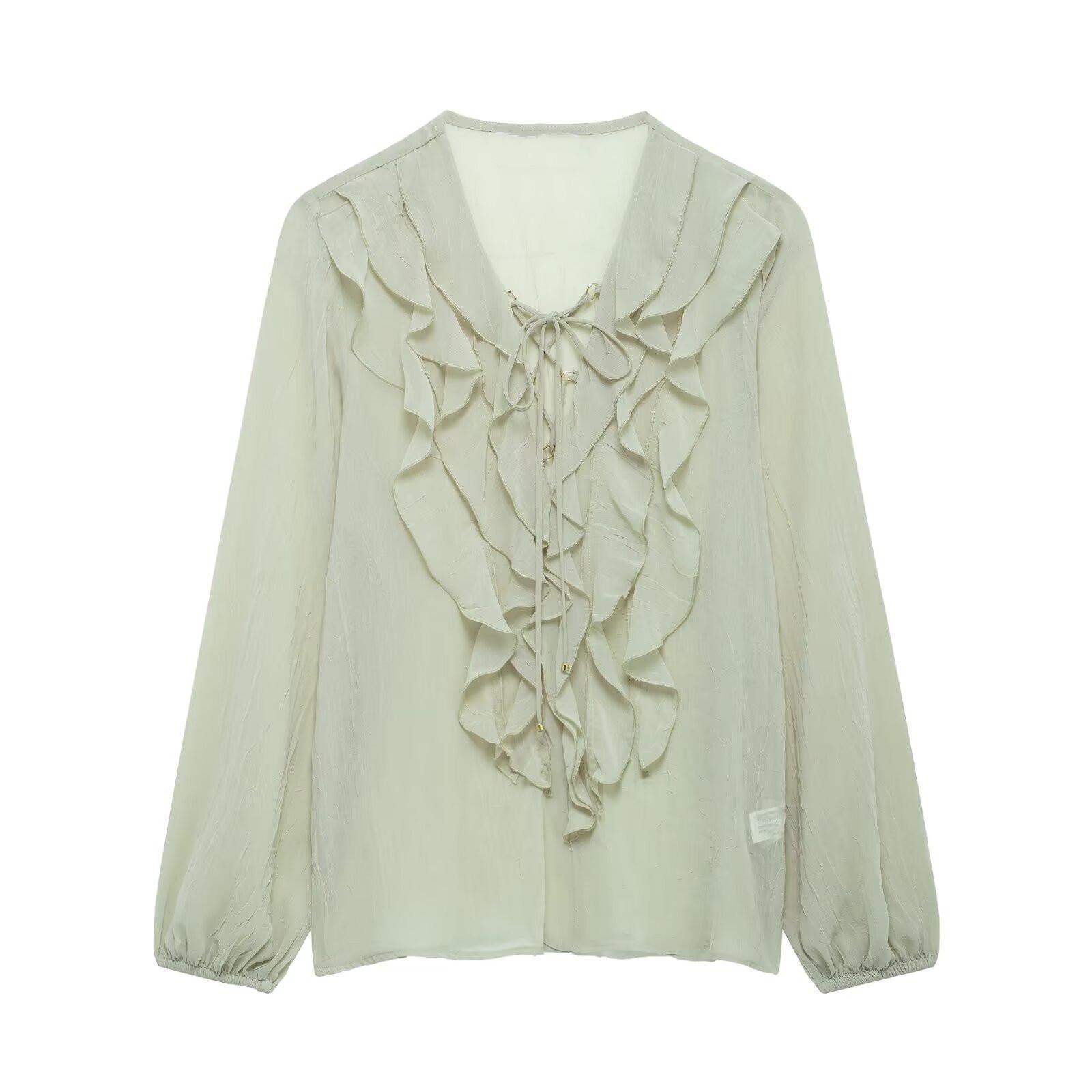 

Spring 2025 Women s Semi-Transparent Layered V-Neck Long-Sleeve Shirt Medium