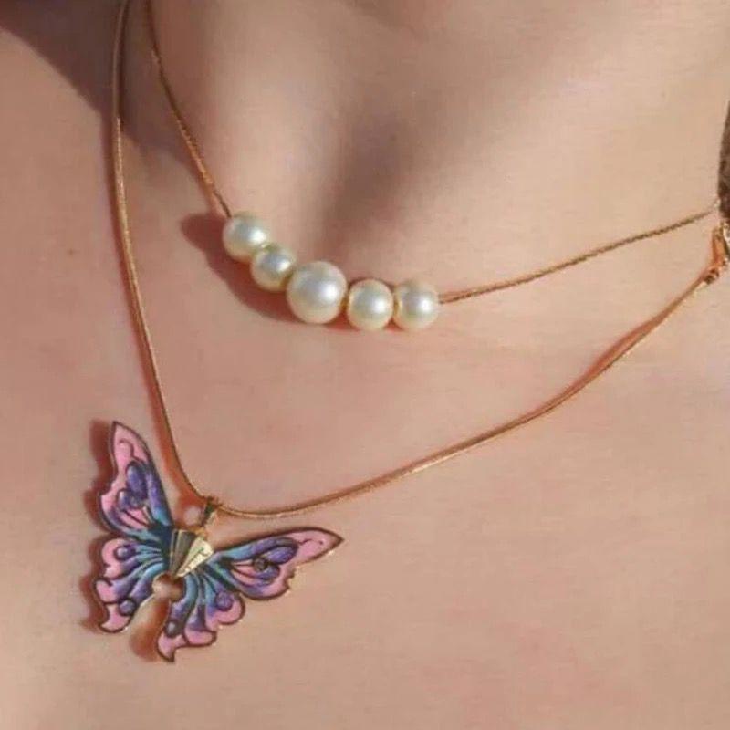 Boho Gold Cute Butterfly Pendant Necklace Female Retro Simple Imitation Pearl Clavicle Necklaces Girl Couple Jewelry Gift