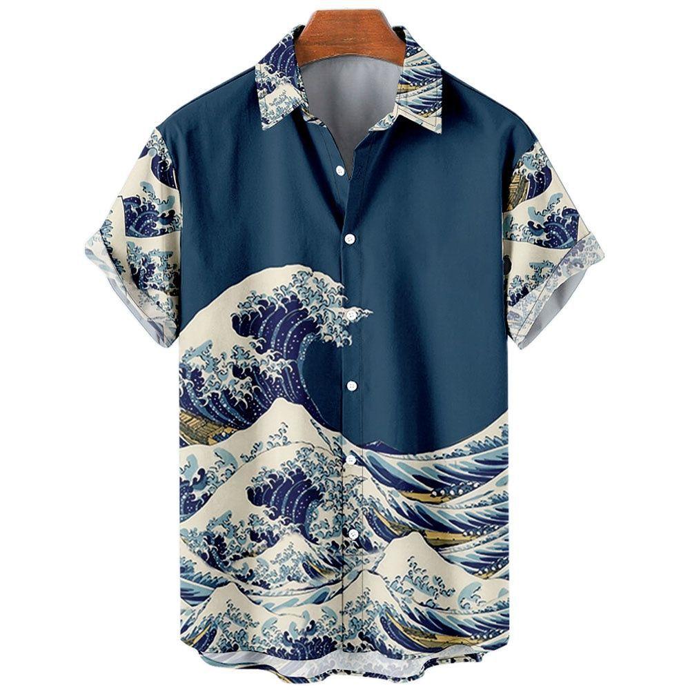 Camicia a Maniche Corte con Stampa Onda Ukiyo-e, Elegante Casual con Bottoni