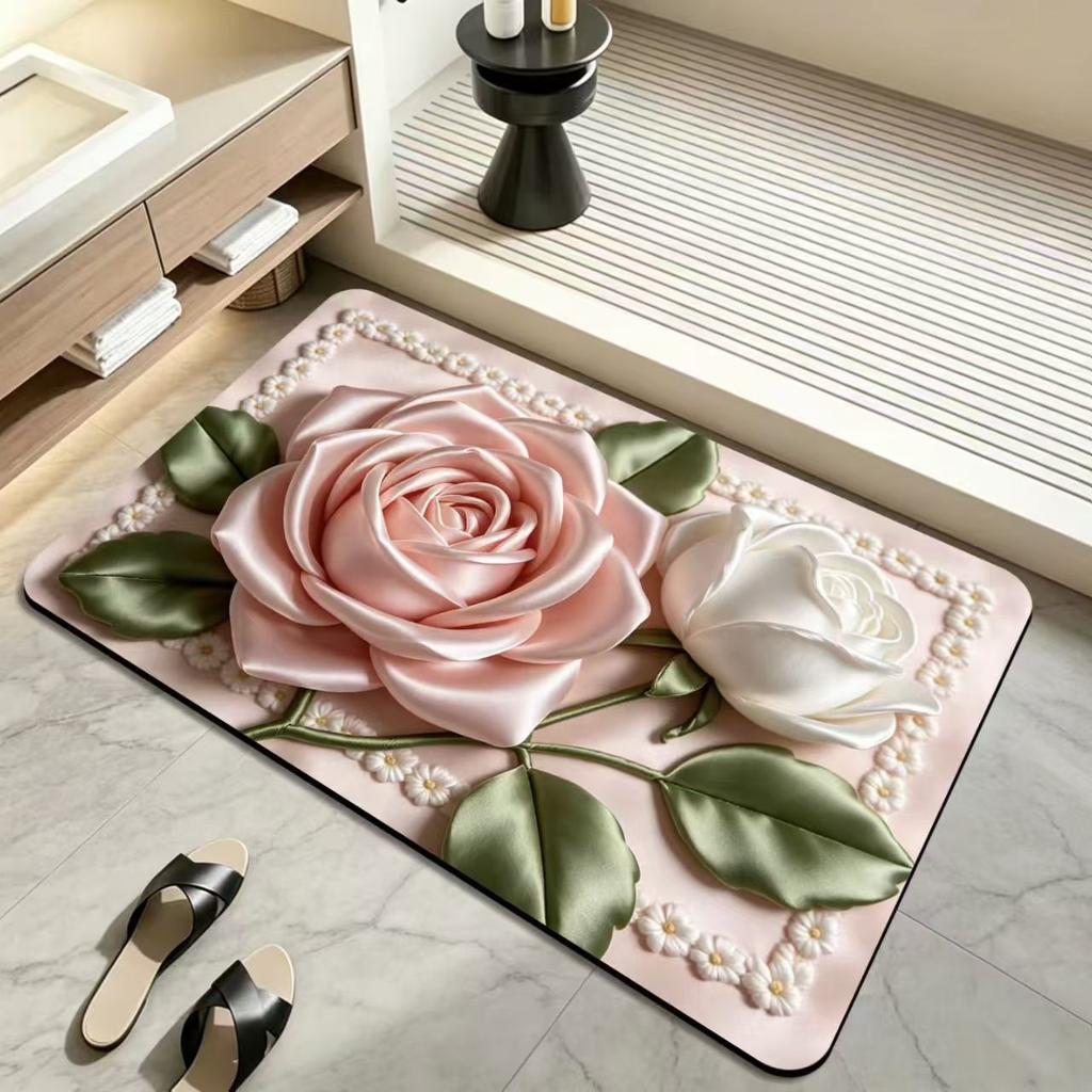 3D Flower Visual Diatom Mud Floor Mat, Household Bathroom Floor Mat, Quick-Drying Water Absorbing Foot Mat, Easy-to-Clean Bath Mat