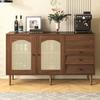 Country Style Sideboard with Rattan Doors, 130 x 75.5 x 40cm Magnetic Lock, Adjustable Shelves, Sturdy Structure, Versatile