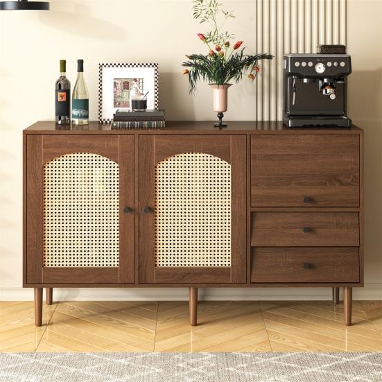 Country Style Sideboard with Rattan Doors, 130 x 75.5 x 40cm Magnetic Lock, Adjustable Shelves, Sturdy Structure, Versatile
