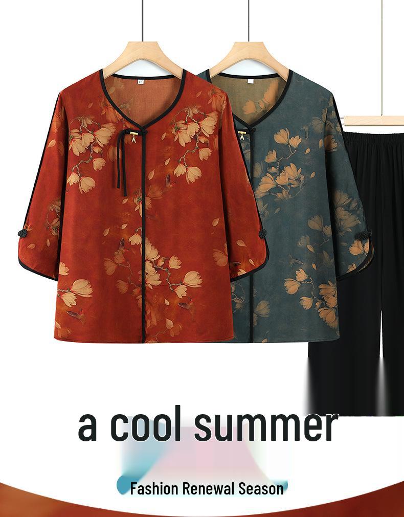 Summer Mid-Sleeve Casual T-Shirt & Thin Two-Piece Set for Elderly Women