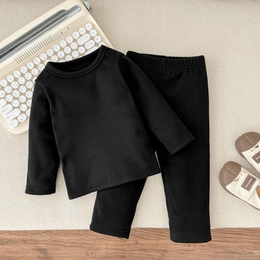 Children's Solid Color Warm Two-Piece Set for Autumn/Winter - Base Layer Shirt and Home Wear for Boys and Girls