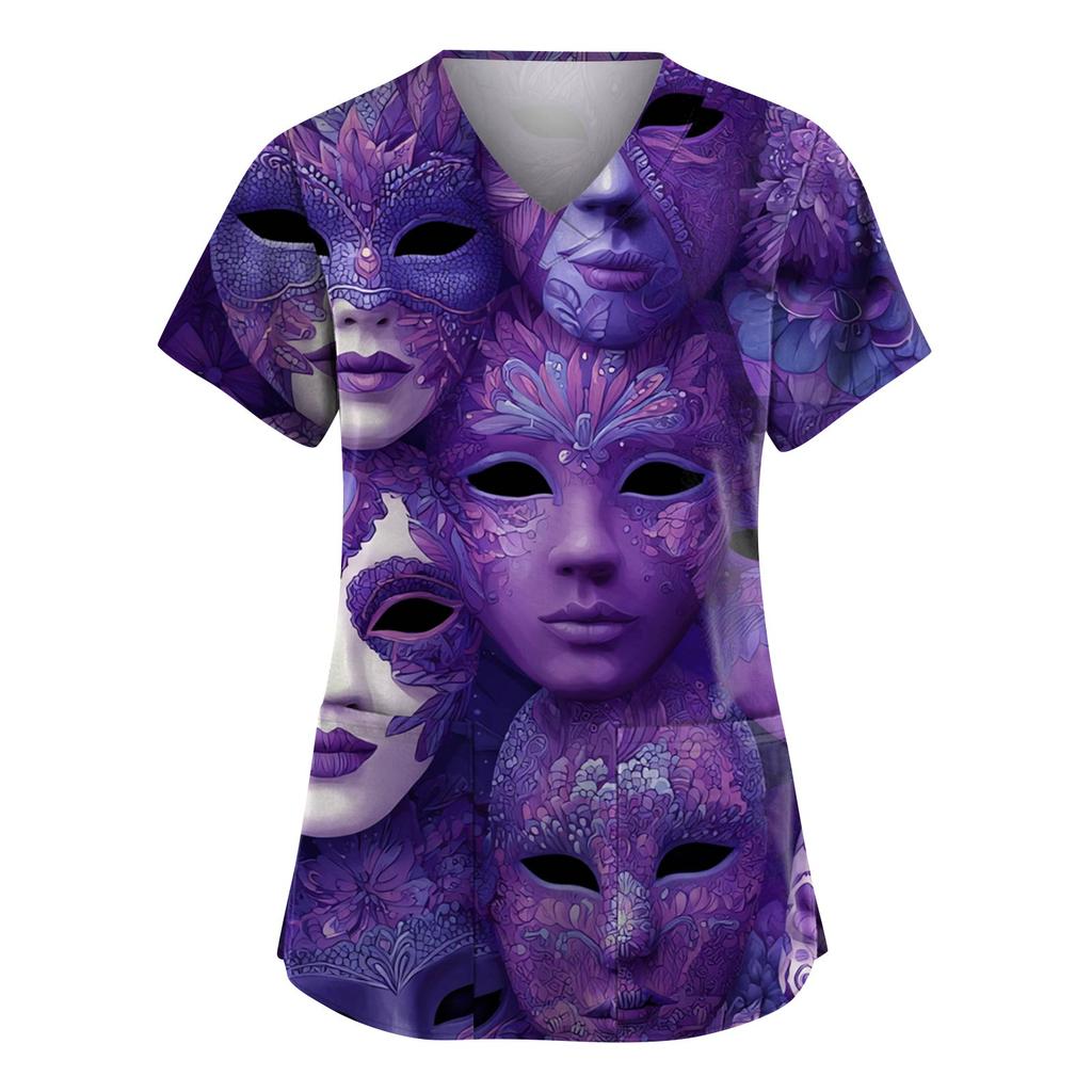 Women's Fashion V-Neck Short-Sleeved Workwear With Pockets Carnival Print Top Caregiver Uniform