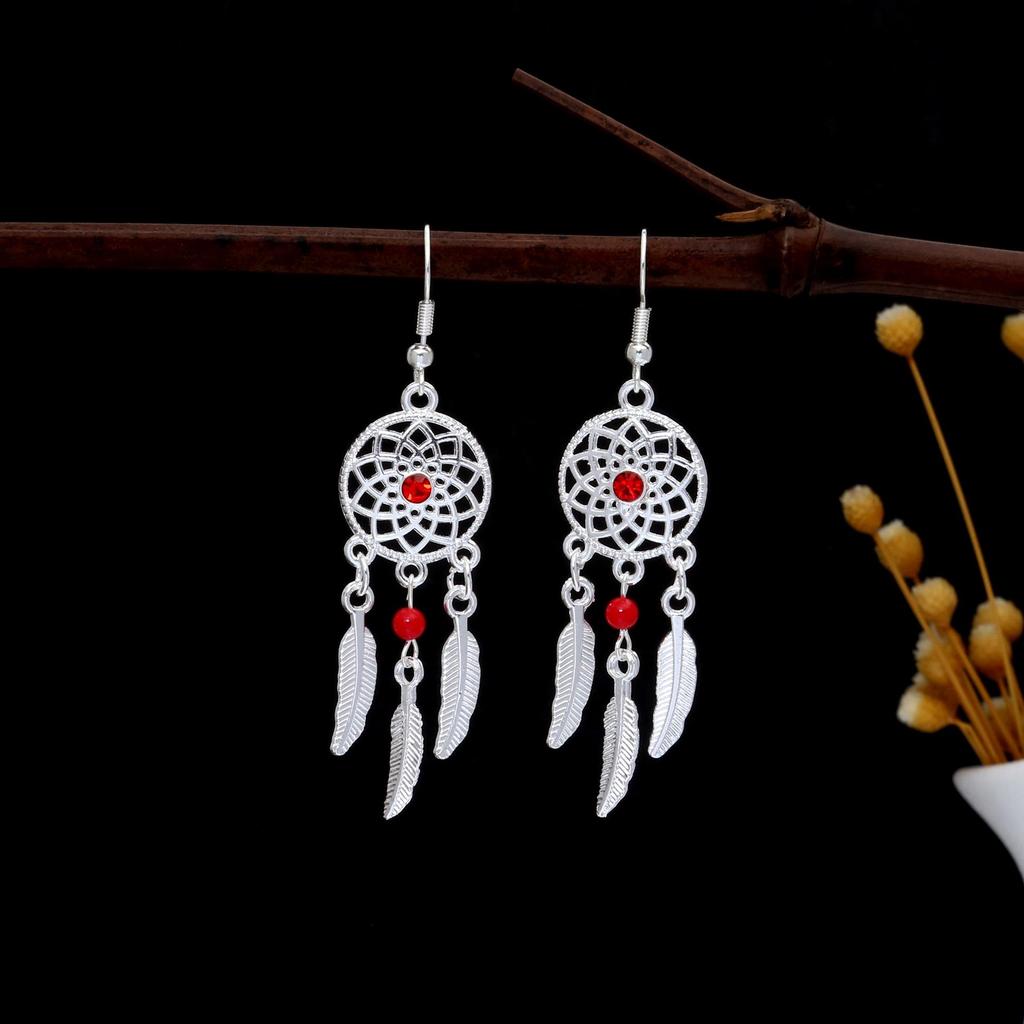 Ethnic Feather Tassel Dangle Earrings - Imitation Miao Silver Style, Popular Tourist Item, Cute Bean Design.