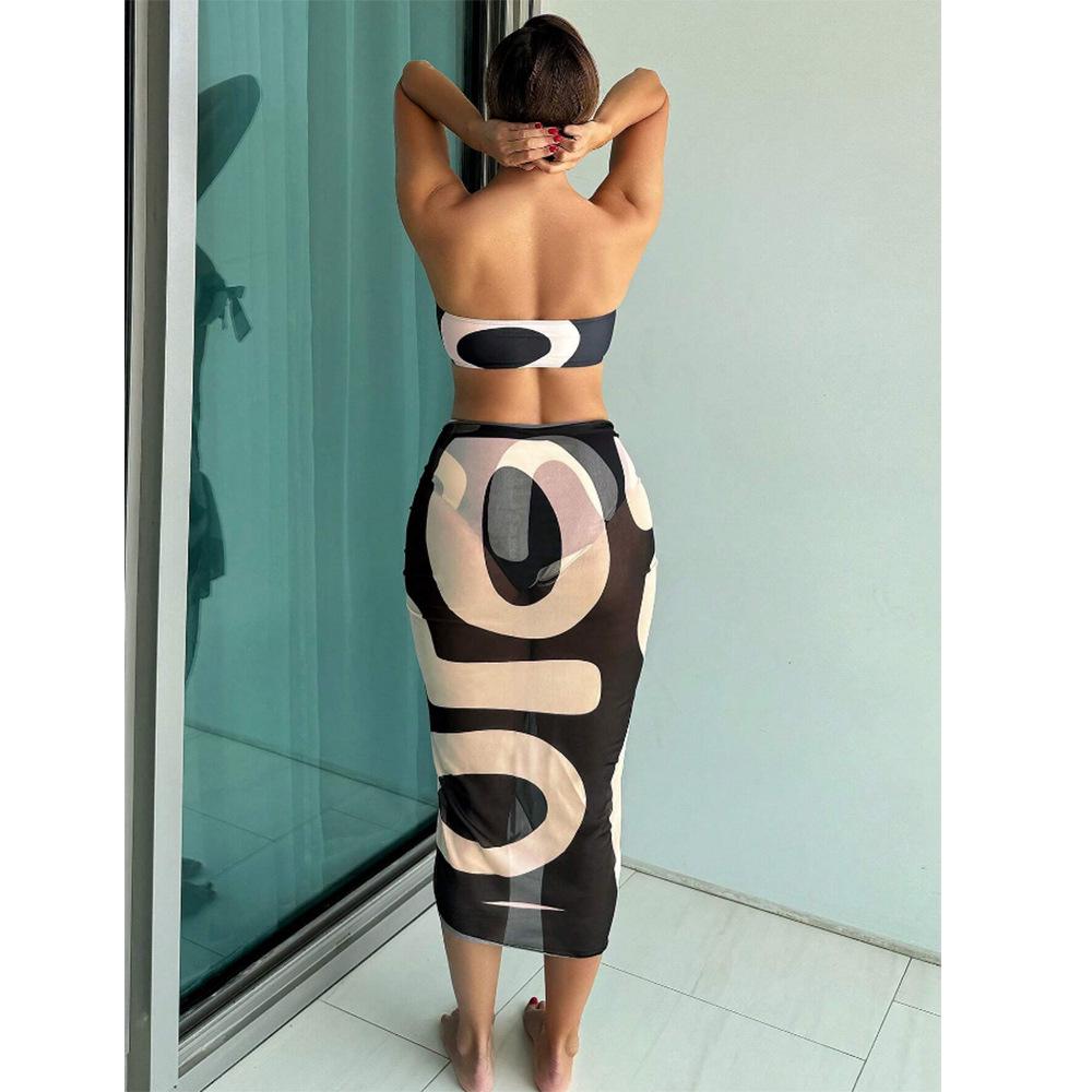 European & American Tropical Three-Piece Swimsuit: Sexy Bandeau Bikini with Long Cover-Up Skirt