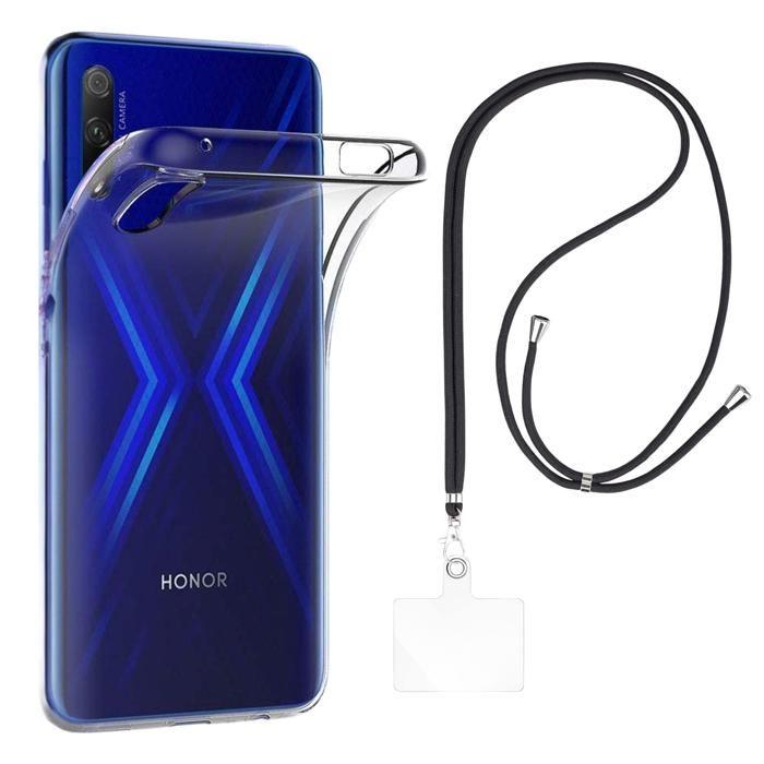 Case and Neck Strap for Honor 9X - Transparent Soft TPU Adjustable Black Cord Phonillico®