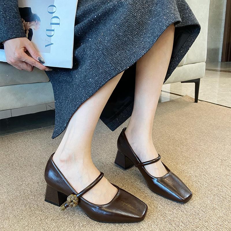 G2322-220 temperament retro Mary Jane shoes women's 2025 new thick-heeled single shoes one-word buckle high heels