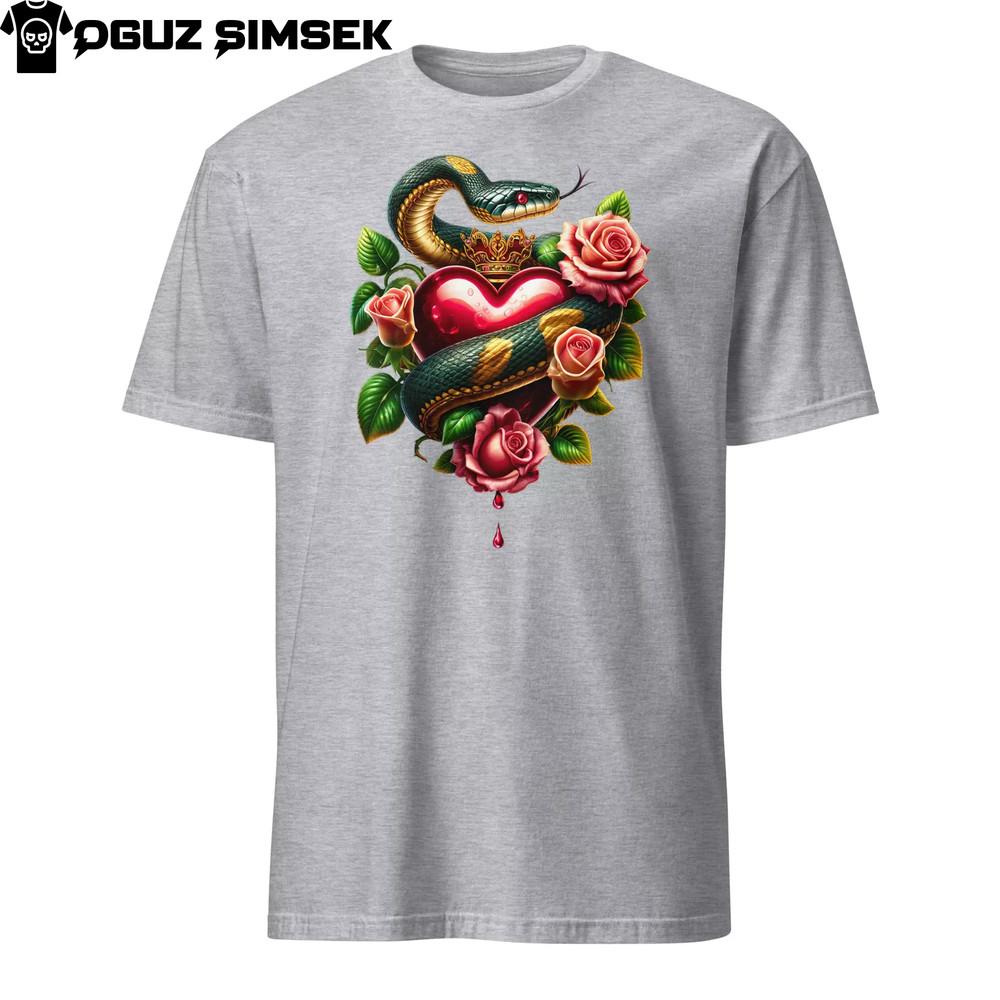 

Gothic Unisex T-Shirt Snake Wrapped Around Heart with Roses and Crown Tee M