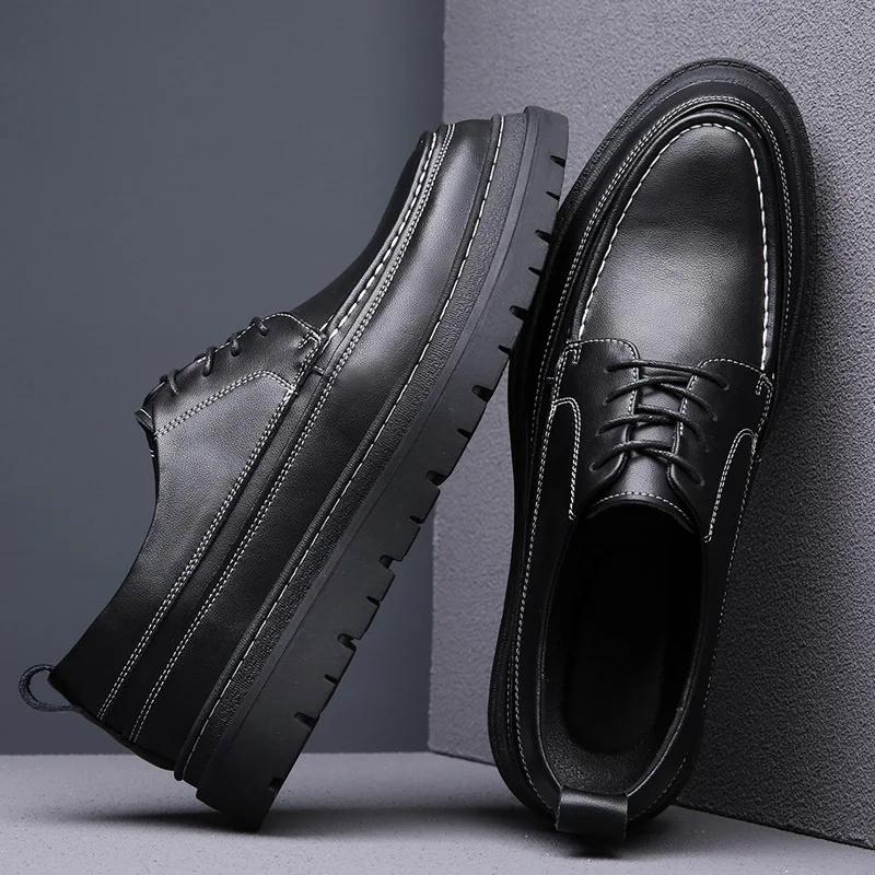 2025 Fashion Brand Male Brogues Footwear Genuine Leather Mens Casual Shoes Thick Sole Height Increasing Shoes Pure Black