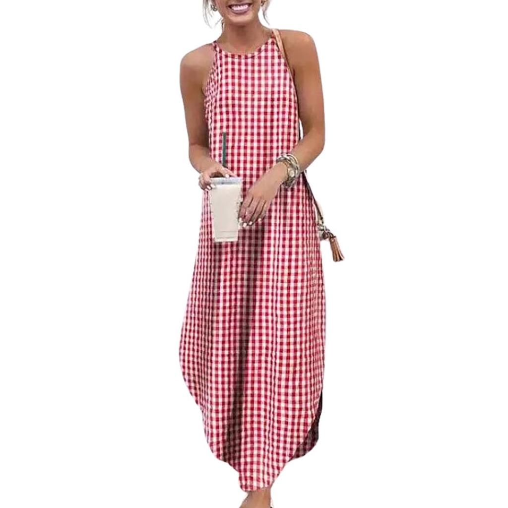 Women Casual Printed Round Neck Loose Long Dress Sleeveless Split Maxi Dress