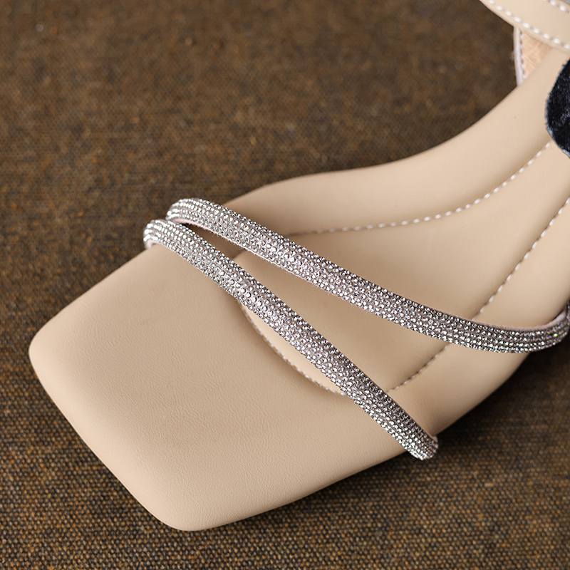 Krazing Pot Full Grain Leather Peep Toe Stiletto High Heels Crystal Beading Summer Shoes Size 44 Size 43 Women Luxury Sandals