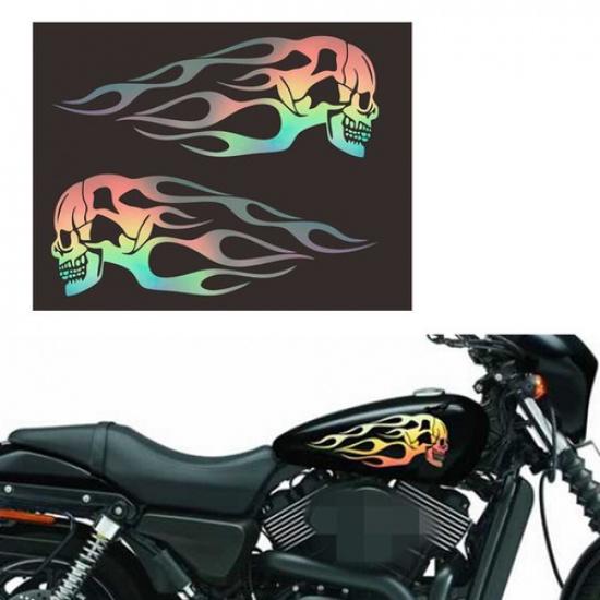 2 шт. Голографическая наклейка на бензобак мотоцикла с черепом и пламенем, виниловая наклейка, универсальная