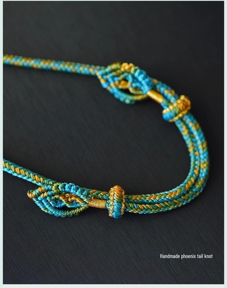 Tibetan Hand-Woven Cotton Lanyard Necklace with Amber Buddhist Amulet and Ethnic Style Thangka.