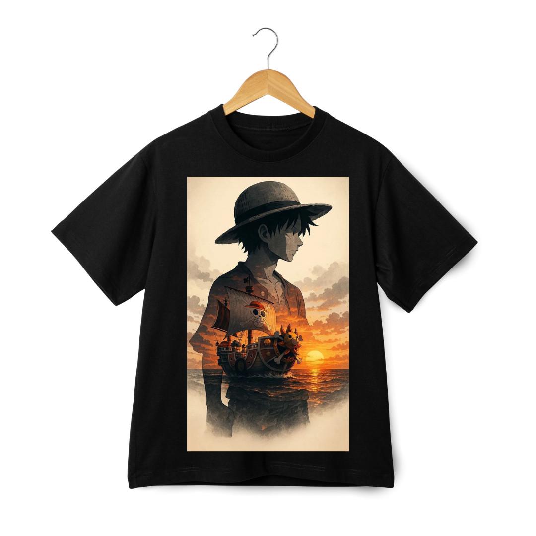 Luffy Sunset T-Shirt Mens Womens Tees Top - One Piece Anime Pirate Ship Crew Graphic Unisex Tee 2XL