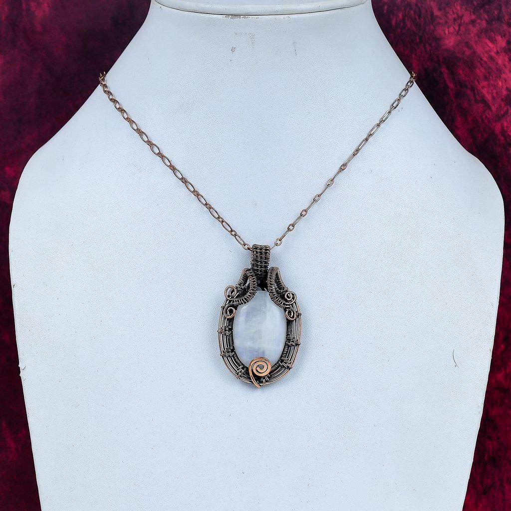 Rainbow Moonstone Pendant Copper Wire Wrapped Gemstone Jewelry Handmade Pendant
