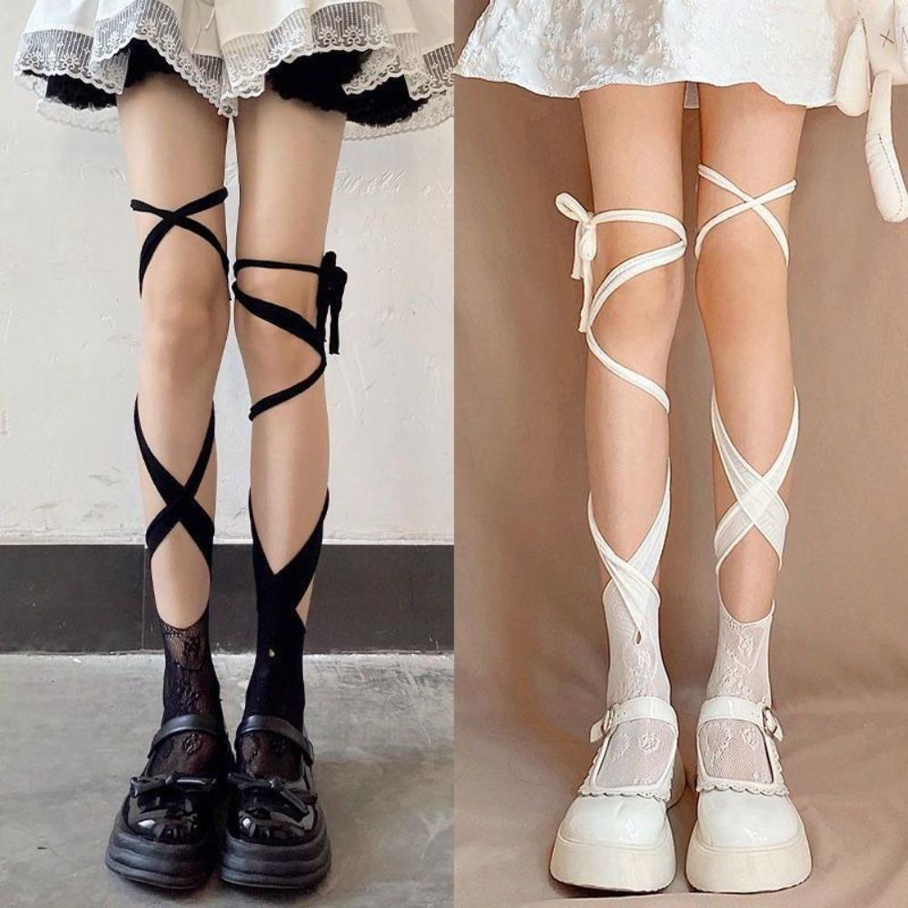 2Pairs Irregular Straps JK Lace-up Stockings Hollow Split Toe Socks  Ladies Girl