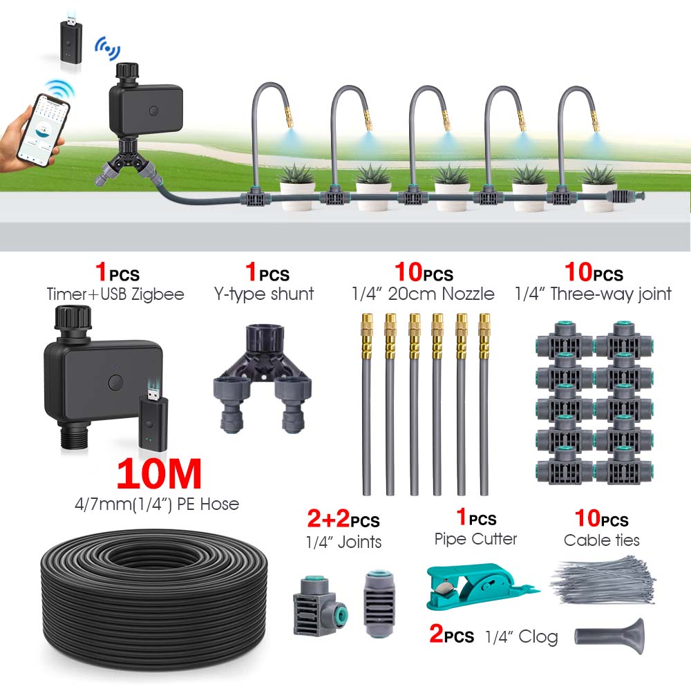 

USB Zigbee Garden Timer Irrigation Set 360° Flexible Rotation Adjustable Brass Spray Nozzle APP Remote Control Watering System