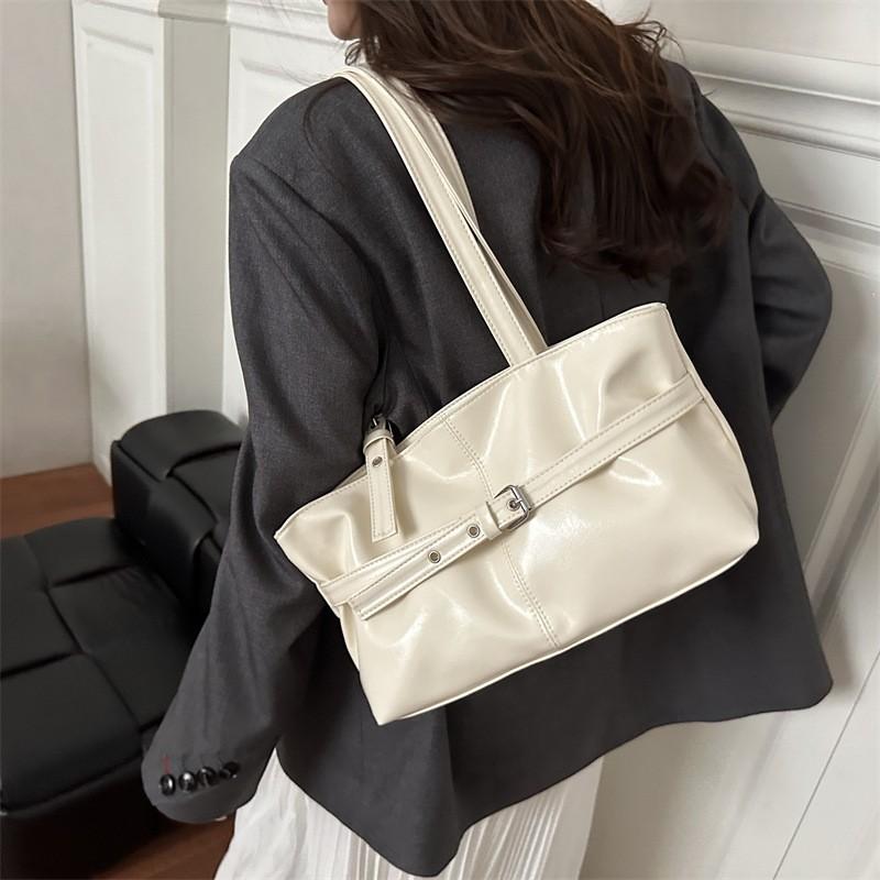 Korean Tote Bag Retro Simple Underarm Bag Stylish Women' Handbag Strap Buckle Shoulder Bag Horiztal Square Zipper Commuter Bag