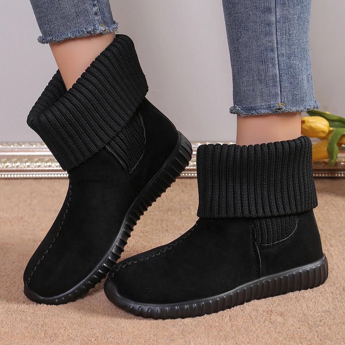 

2024 Новые женские ботинки, однотонные носки с круглым носком, женская зимняя обувь, сохраняющая тепло, ботильоны с губчатой подошвой, женская обувь Zapatos Mujer 43