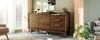 Living Room Chest of Drawers, Oak, Marble-Look Top, Open Shelf + 3 Drawers & Double-Door Cabinet, Solid Wood Legs, Robot Vacuum, H77/W120/D40 cm
