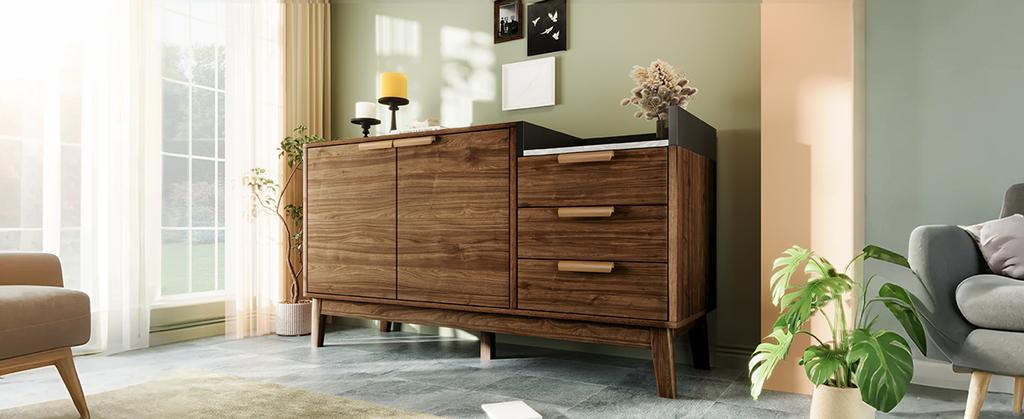 Living Room Chest of Drawers, Oak, Marble-Look Top, Open Shelf + 3 Drawers & Double-Door Cabinet, Solid Wood Legs, Robot Vacuum, H77/W120/D40 cm
